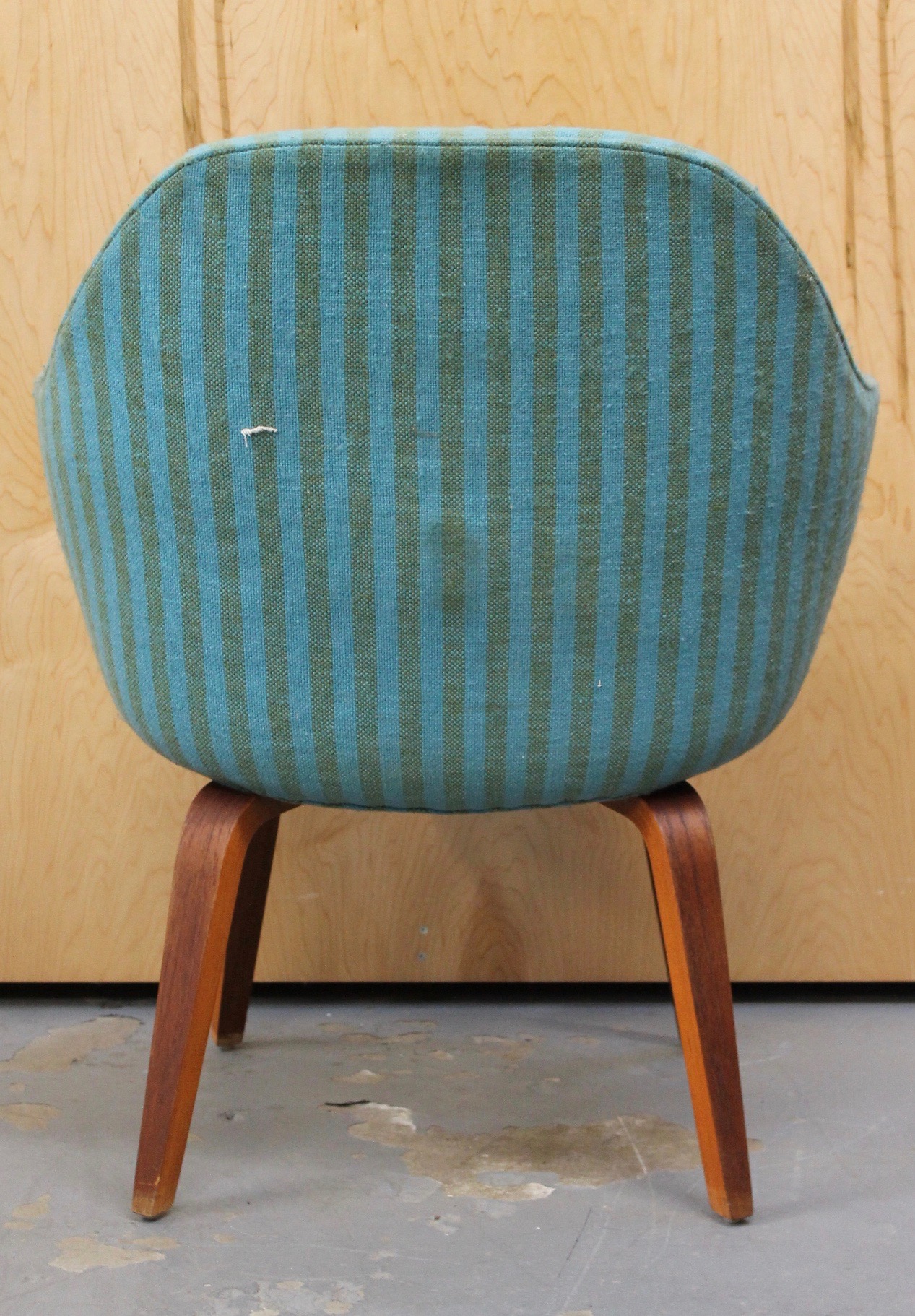 vintage arm chair with blue striped fabric photo of back