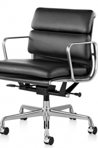 eames black leather and aluminum soft pad management desk chair with silver arm rests and roller wheels