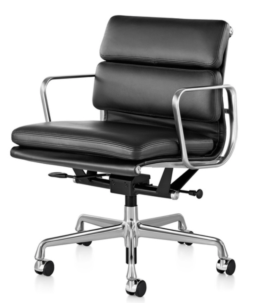 eames black leather and aluminum soft pad management desk chair with silver arm rests and roller wheels