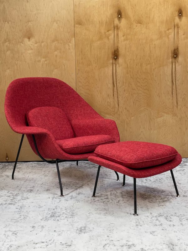 vintage restored saarinen womb & ottoman with red fabric