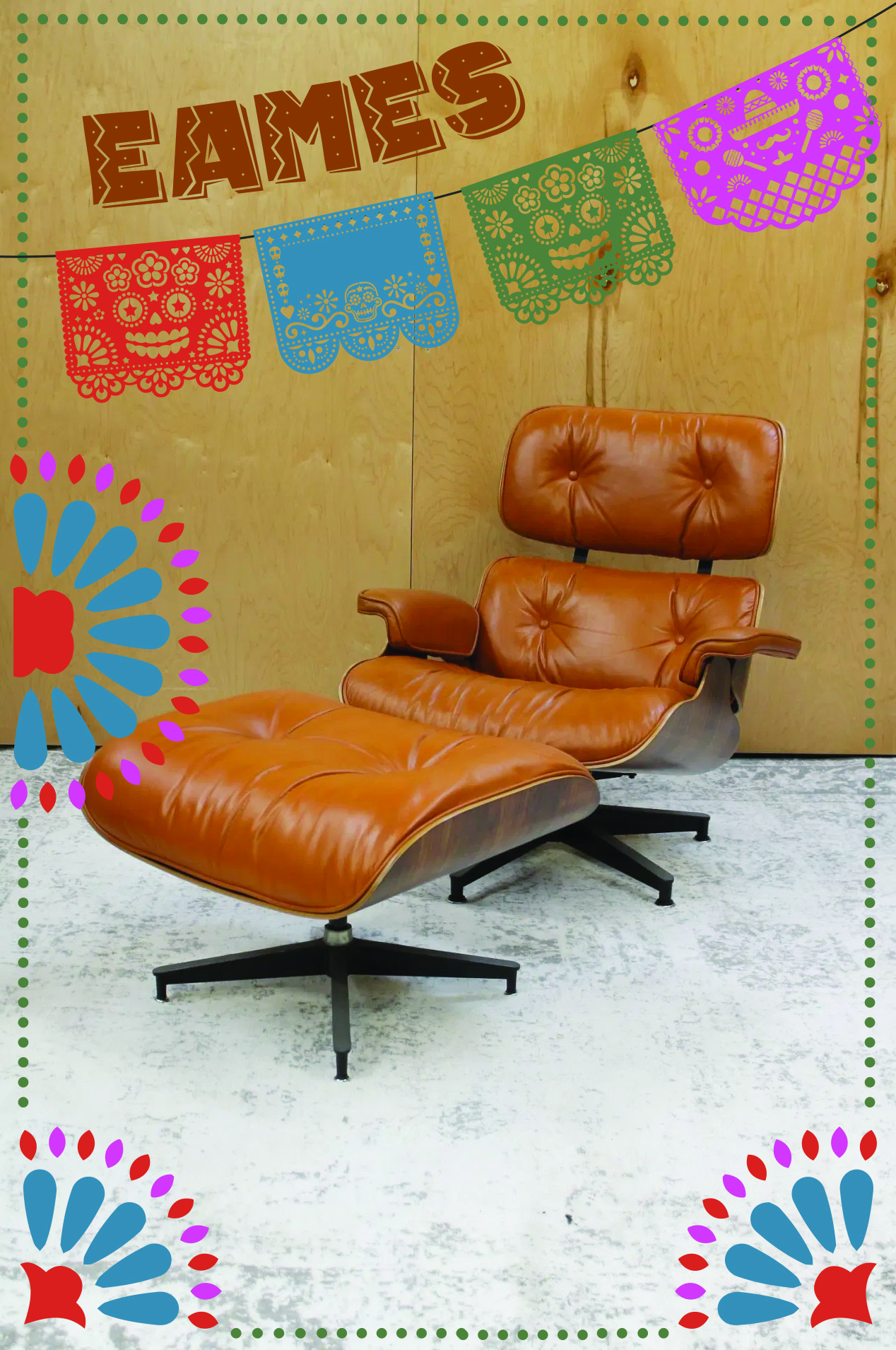 Eames Cinco photo of Eames tan leather lounge chair and ottoman