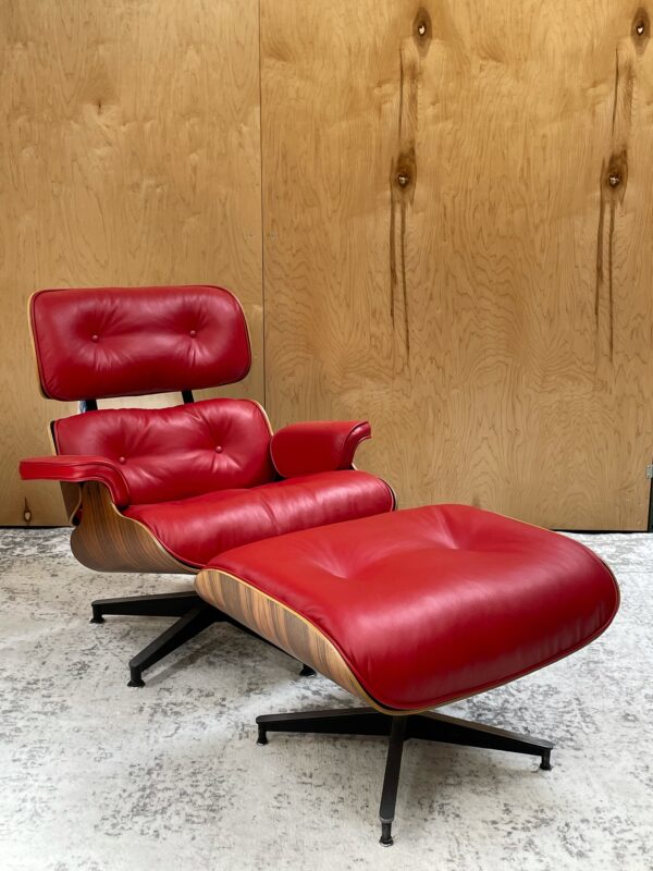 photo of Eames red leather lounge chair and ottoman